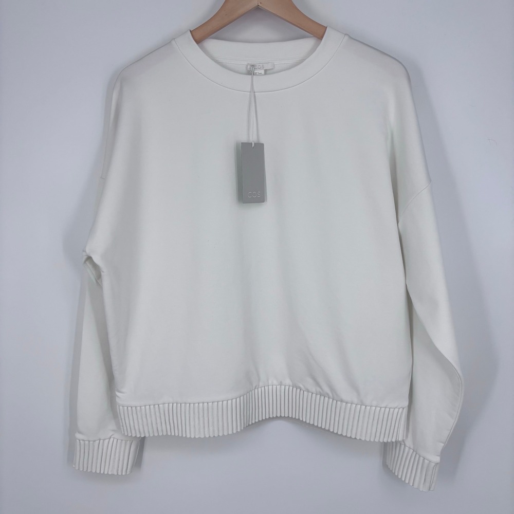 COS Ribbed Hem Crewneck Sweatshirt Women Medium White Pullover Minimalist NEW - Picture 1 of 9